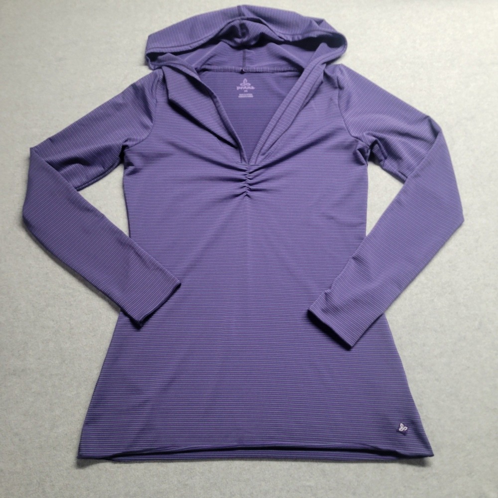 Prana Purple Striped Perry Hooded Long Sleeve Top Ruched V-Neck‎ XS Gorpcore